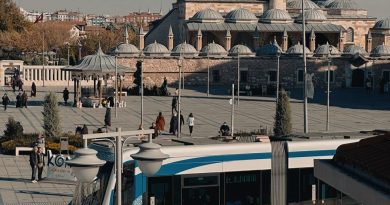 view of tram and the mevlana museum in the background in konya turkey