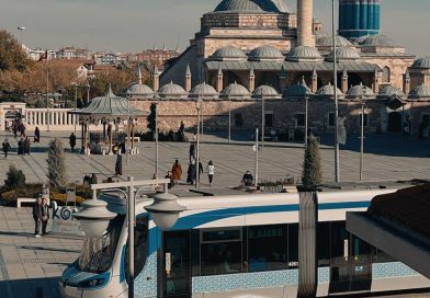 view of tram and the mevlana museum in the background in konya turkey